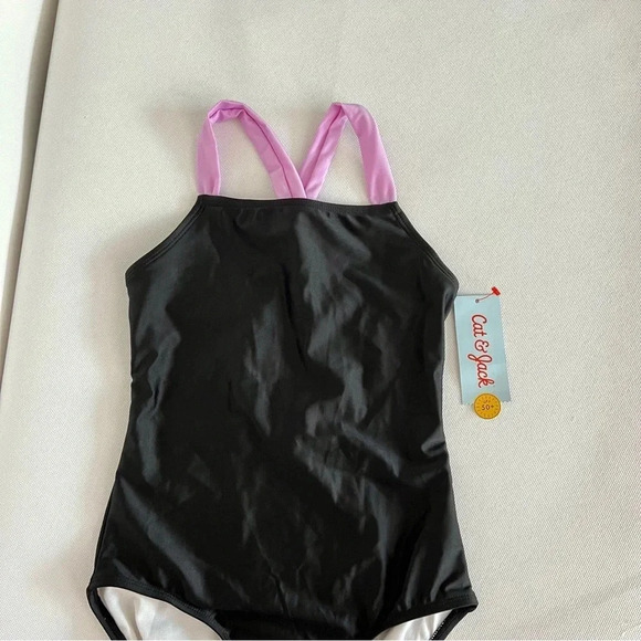 One Piece Swimsuit Cat & Jack Black/Purple Back Detail Kids - Picture 4 of 5
